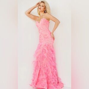 Jovani hot pink embellished feather gown